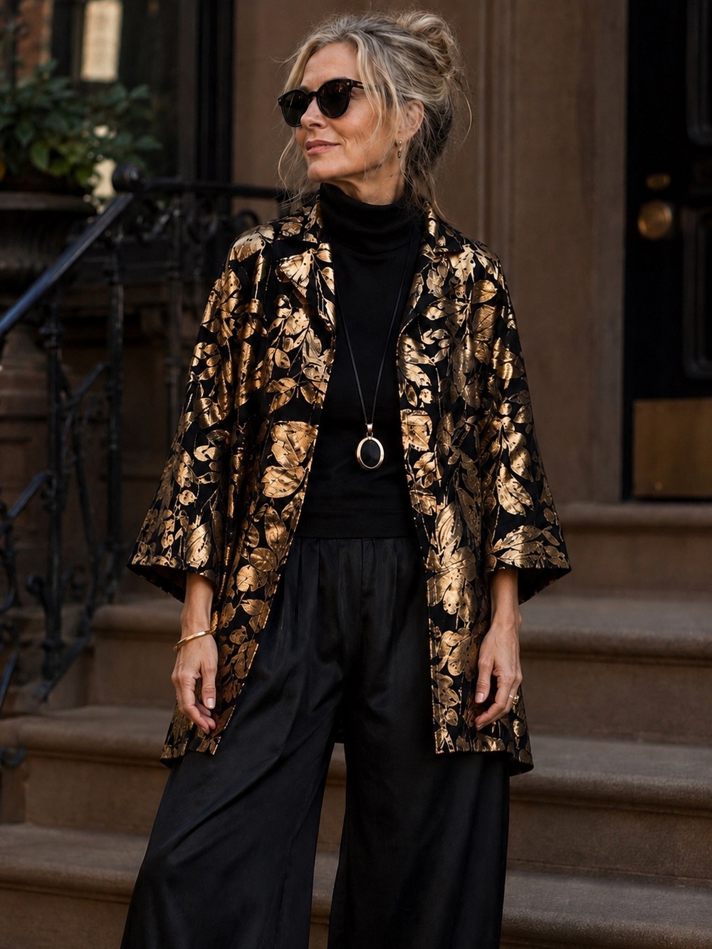 Bryn Walker Yael Folie D’Oro Jacquard Metallic Floral Jacket Lagenlook Statement